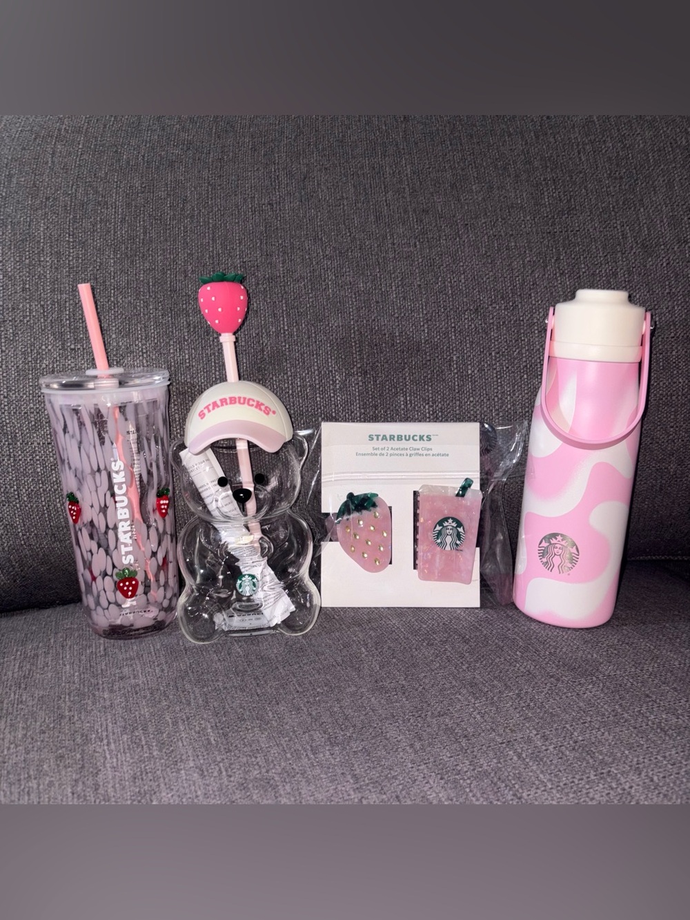 4PC Starbucks Pink Vibes Bundle! Bearista, Hair Clips, Glass Cup, Swirl Bottle!